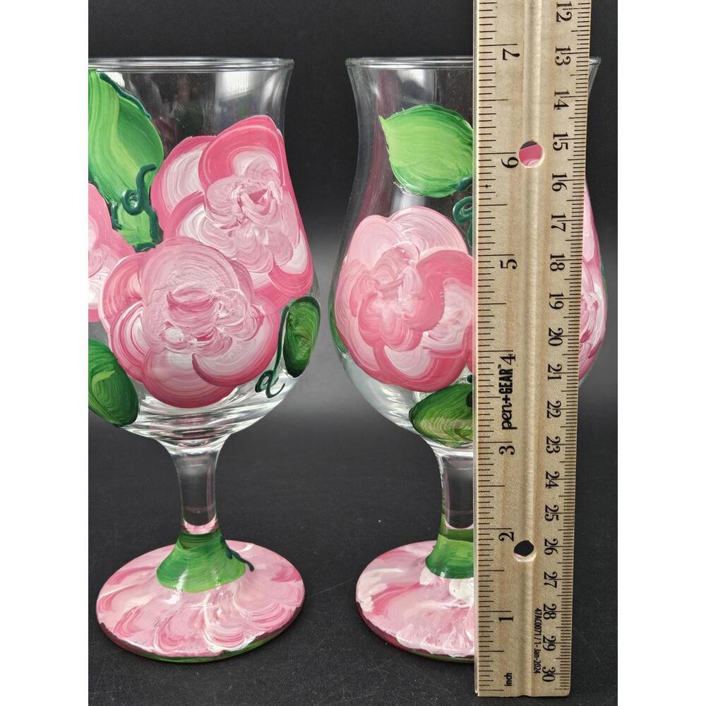Set of 2 Vintage Hand Painted Pink Floral Wine Glasses Tulip Flared Rim 6.5" - Picture 13 of 15